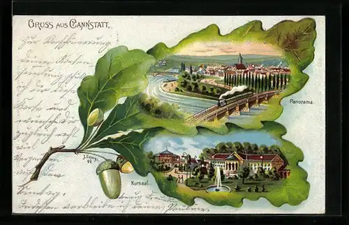 Lithographie Cannstatt, Kursaal, Panorama im Eichenblatt, Passepartout