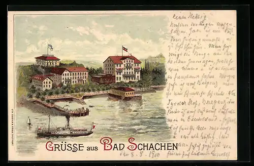 Lithographie Bad Schachen, Uferpartie mit Hotel