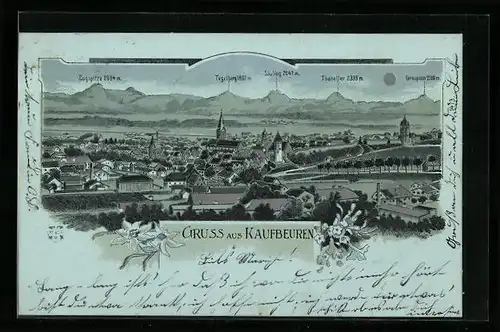 Mondschein-Lithographie Kaufbeuren, Teilansicht mit Zugspitze, Tegelberg und Säuling