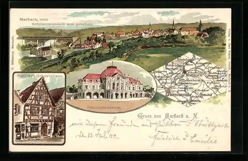 Lithographie Marbach a. N., Teilansicht vom Schillermuseum aus gesehen, Schillers Geburtshaus, Landkarte mit Steinheim
