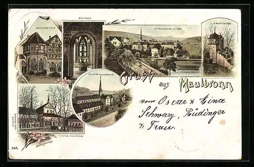 Lithographie Maulbronn, Kloster Maulbronn, Brunnenhaus, Faustturm