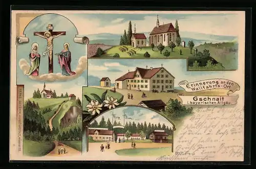 Lithographie Gschnait i. bayerischen Allgäu, Ortspartie, Kirche, Jesus am Kreuz