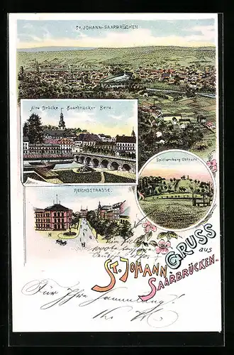 Lithographie St. Johann-Saarbrücken, Reichsstrasse, Alte Brücke, Spichernberg