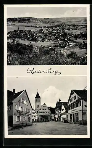 AK Rudersberg, Marktplatz mit Bäckerei Adolf Biessing, Ortsansicht aus der Vogelschau