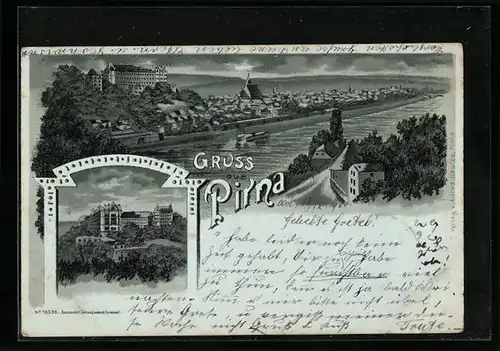 Mondschein-Lithographie Pirna, Schloss Sonnenstein, Panorama