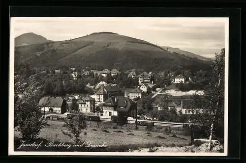 AK Jonsdorf /Zittauer Geb., Bahnhof, Gemeindeamt und Kurhaus, Buchberg u. Lausche