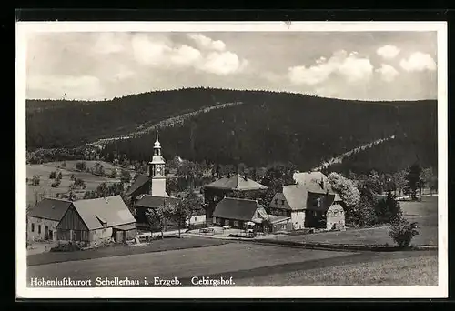 AK Schellerhau i. Erzgeb., Ortsansicht mit Gebirgshof und Kirche