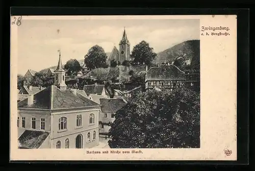 AK Zwingenberg a. d. Bergstrasse, Rathaus und Kirche vom Markt
