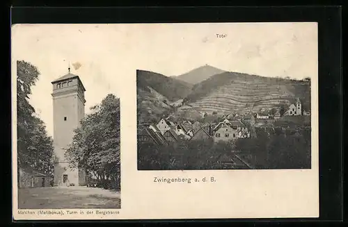 AK Zwingenberg a. d. B., Totalansicht, Malchen, Turm in der Bergstrasse