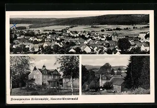 AK Hausen /Westerwald, Ortsansicht aus der Vogelschau, Privatpension Birkenmühle