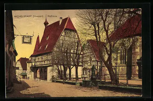 AK Michelstadt /Hessen, Strassenpartie mit Rathaus