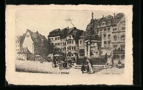 Künstler-AK Mainz, Markt mit Brunnen