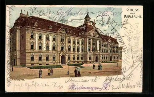 Lithographie Karlsruhe, Reichspost mit Passanten
