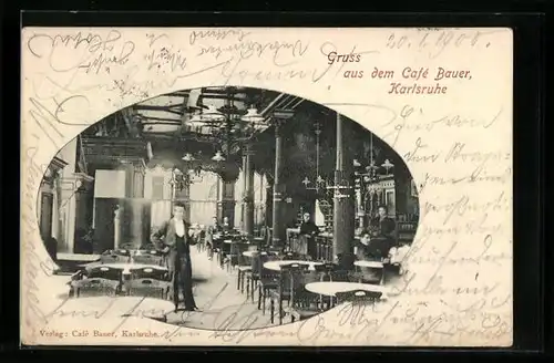 AK Karlsruhe, Café Bauer, Innenansicht