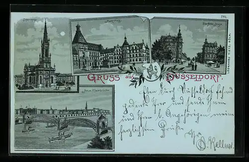 Mondschein-Lithographie Düsseldorf, Neue Rheinbrücke, Johanniskirche