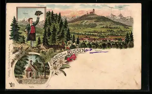 Lithographie Möhringen, Zugspitze, Bussen, Kapelle