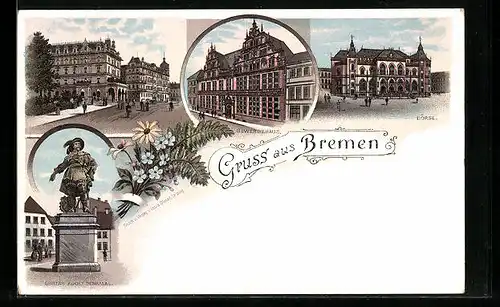 Lithographie Bremen, Gustav-Adolf-Denkmal, Gewerbehaus und Börse