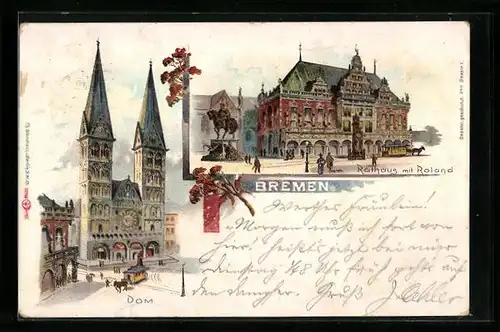 Lithographie Bremen, Rathaus mit Roland, Dom