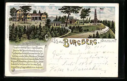 Lithographie Burgberg /Harzburg, Hotel Burgberge gegen Brocken