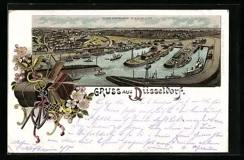 Lithographie Düsseldorf, Totalansicht mit Hafen