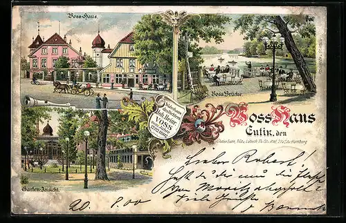 Lithographie Eutin, Gasthof Voss-Haus, Brücke, Garten