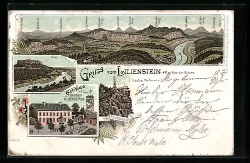 Lithographie Lilienstein, Gasthaus auf dem Lilienstein, Panorama