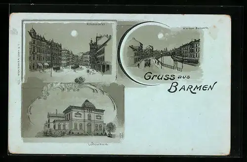 Mondschein-Lithographie Barmen, Altenmarkt, Werther Bollwerk, Luftcurhaus