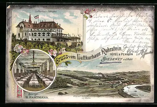 Lithographie Bredeney a. d. Ruhr, Luftkurhaus Ruhrstein, Villa Hügel