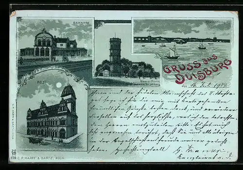 Mondschein-Lithographie Duisburg, Bahnhof, Rheinbrücke, Post