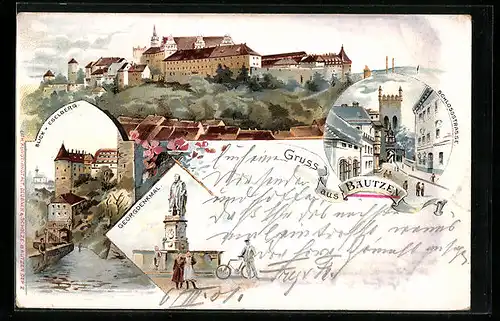Lithographie Bautzen, Blick v. Eselberg, Georgdenkmal, Schlossstrasse