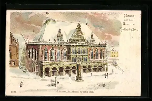 Winter-Lithographie Bremen, Rathskeller im Schnee