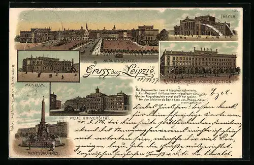 Lithographie Leipzig, Augustusplatz, Museum, Theater, Kaiserl. Ober-Postdirektion, Neue Universität