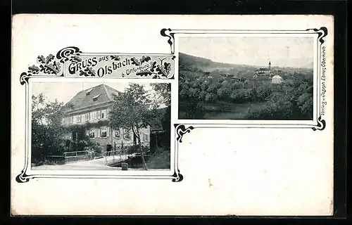 AK Olsbach, Ansicht vom Gutshaus, Ortsansicht mit Kirche
