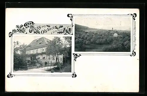 AK Olsbach, Ansicht vom Gutshaus, Ortsansicht mit Kirche