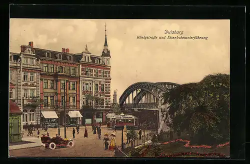 AK Duisburg, Königstrasse und Eisenbahnunterführung, Strassenbahn