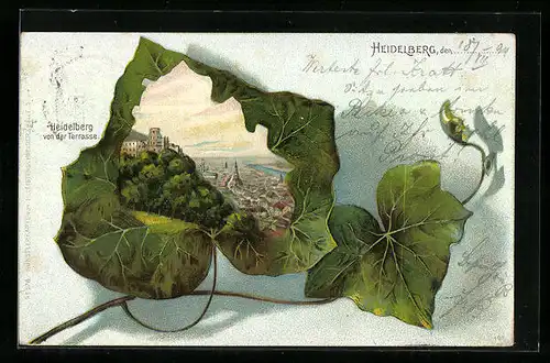 Passepartout-Lithographie Heidelberg, Ortsansicht von der Terrasse im Efeublatt