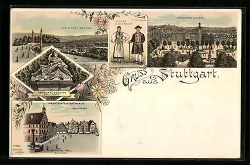 Lithographie Stuttgart, König Karl Brücke, Königliches Schloss, Schwäb. Volkstracht