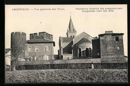 AK Ambérieux, Vue générale des Tours, Résidence favorite des premiers rois burgondes vers l`an 934