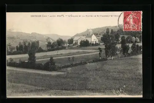 AK Evosges, L`Eglise et la route de St-Rambert-en-Bugey