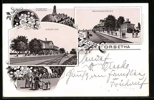 Lithographie Corbetha, Bahnhof Leipziger Seite und Berlin-Frankfurter Seite, Scherbelberg im Rosenthal