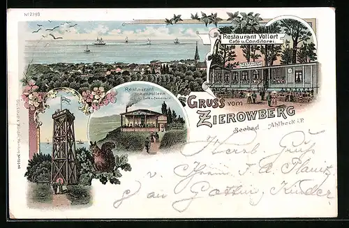 Lithographie Ahlbeck i. P., Restaurant Vollert am Zierowberg, Restaurant Hohenzollern, Aussichtsturm