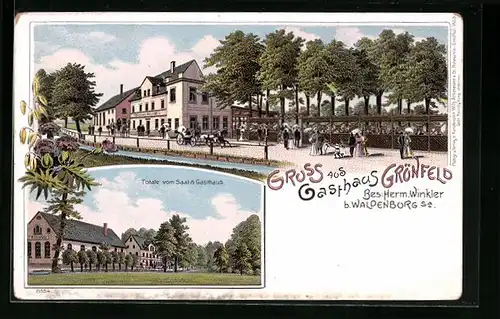 Lithographie Waldenburg /Sa., Gasthaus Grönfeld, Totalansicht vom Saal & Gasthaus
