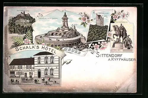 Lithographie Sittendorf a. Kyffhäuser, Schalk`s Hotel, Kaiser-Wilhelm-Denkmal, Reiterstandbild