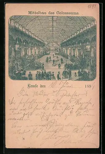 Vorläufer-Lithographie Remse, 1894, Mittelbau des Colosseums, Innenansicht