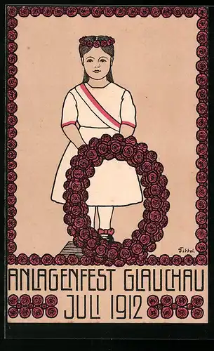 Künstler-AK Glauchau, Anlagenfest 1912, Frau mit Rosenkranz