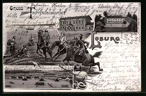 Lithographie Loburg, Truppenübungsplatz, Manöverszene, Gesamtansicht, Bahnhofs-Restaurant