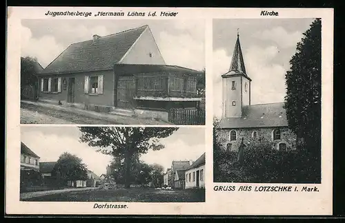 AK Lotzschke /Mark, Jugendherberge, Dorfstrasse, Kirche