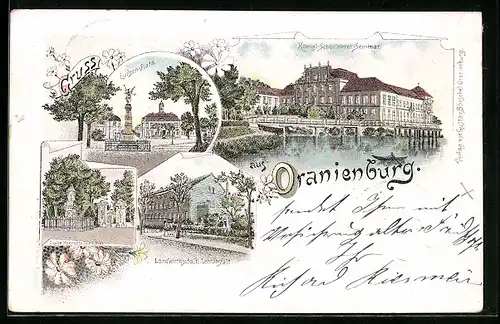 Lithographie Oranienburg, Schullehrer-Seminar mit Brücke, Landwirtschaftliche Lehranstalt