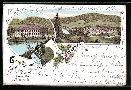 Lithographie Altenbrak, Ortsansicht mit Umgebung, Hotel Schöneburg mit Brücke