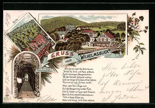 Lithographie Treseburg /Bodethal, Kirche, Wilhelmsblick, Ortsansicht aus der Vogelschau